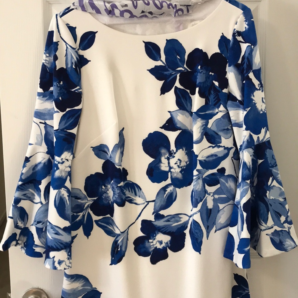 Eliza J. White and blue floral bell sleeve dress